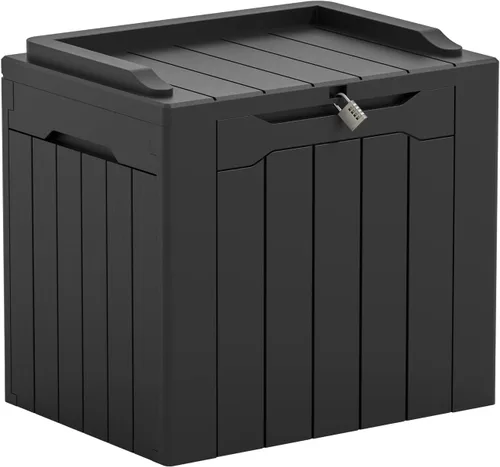 Greesum Caja de resina de 31 galones, almacenamiento al aire libre para patio, herramientas de jardín, suministros de piscina, resistente a la Negro