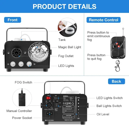 Vista 4 de MOSFiATA Máquina de niebla con luces de bola de discoteca de 600 W, con luces LED RGB, 2300 CFM, control remoto, perfecta para Halloween, Navidad