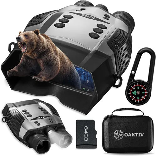 Oaktiv Gafas de visión nocturna para adultos – Binoculares de visión nocturna 4K Nightscout con tarjeta de 64 GB, zoom 8X, linterna IR, cámara de 48