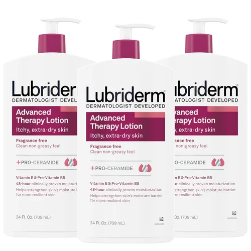 Lubriderm Advanced Therapy Loción hidratante sin fragancia con vitaminas E y provitamina B5, hidratación intensa para piel extra seca, fórmula no