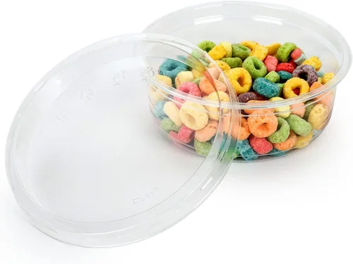 Vista 3 de Golden Apple, Combo de contenedor redondo de plástico PET reciclado ultra transparente de 8 onzas y tapa plana - 20