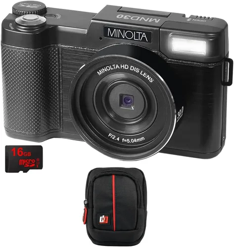 Minolta MND30-BK 30MP 27K Ultra HD 4X Zoom Digital Camera Black Bundle with Deco Photo Point and Shoot Field Bag Camera Case BlackRed