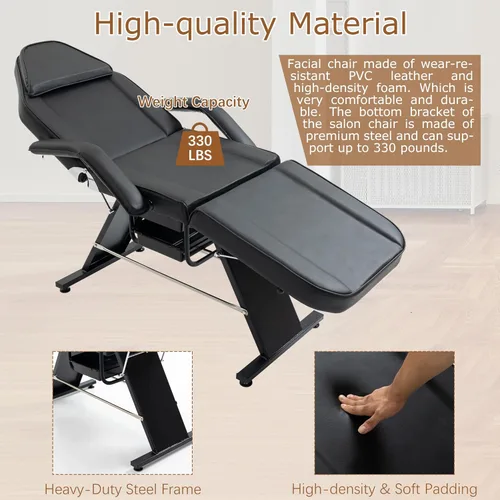 Vista 2 de Silla de tatuaje de salón de masaje con dos bandejas, cama esteticista con taburete hidráulico, mesa de cama facial multiusos de 3 secciones,
