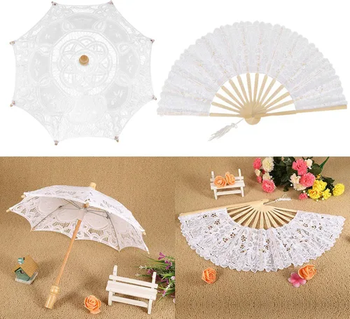 Vista 5 de Paraguas de encaje + ventilador plegable decorativo, sombrillas de boda para novia, con mango de madera, para dama, mujer, decoración de fiesta
