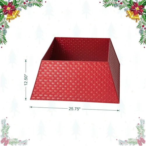 Vista 3 de Glitzhome Collar de árbol de tejido de metal rojo trapezoidal de 25.75 pulgadas de largo, para árboles de Navidad rústicos, anillo de árbol