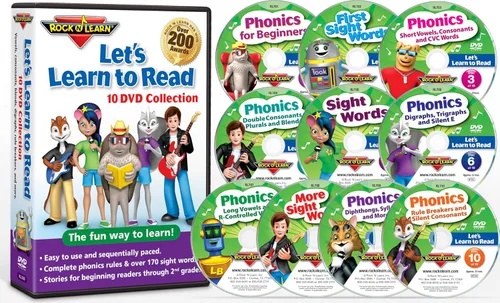 Lets Learn to Read 10 DVD Collection by Rock N Learn 170 sight words covers all phonics rules vowels consonants blends digraphs practice sections to
