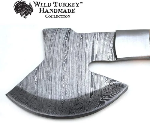 Vista 2 de Wild Turkey Handmade Damascus Steel Collection - Hacha de hoja fija de 9 pulgadas con funda de cuero