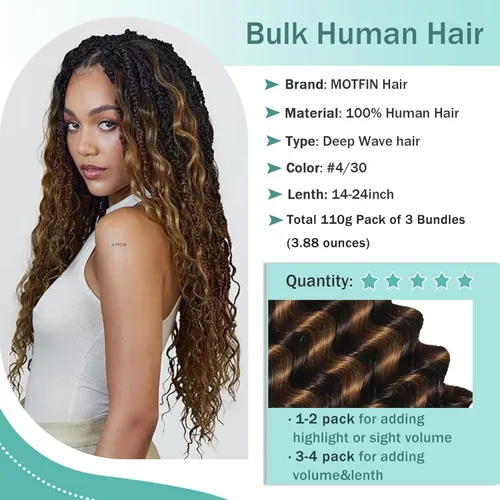 Vista 67 de Cabello Humano para Trenzar para Trenzas Boho 3 Paquetes/Pack 110g (3.88 oz) 14 Pulgadas Cabello Humano a Granel Ondulado Profundo para Trenzar