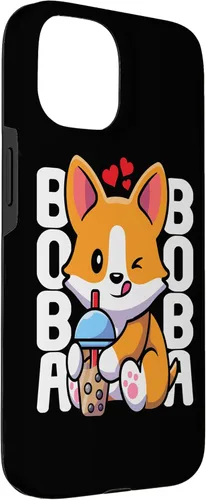 Vista 3 de Funda Kawaii con diseño de corazón de té de burbujas para iPhone 15 Kawaii Boba Dog Corgi Tea Drink
