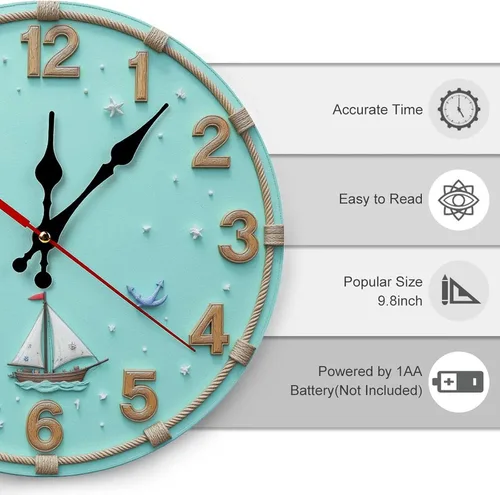 Vista 3 de Nautical Clock with Sailing Ships 2D 12 Inch Silent Wall Clock, Frameless Wooden Round Clock with Quartz Movement for Bathroom, Kitchen, Living