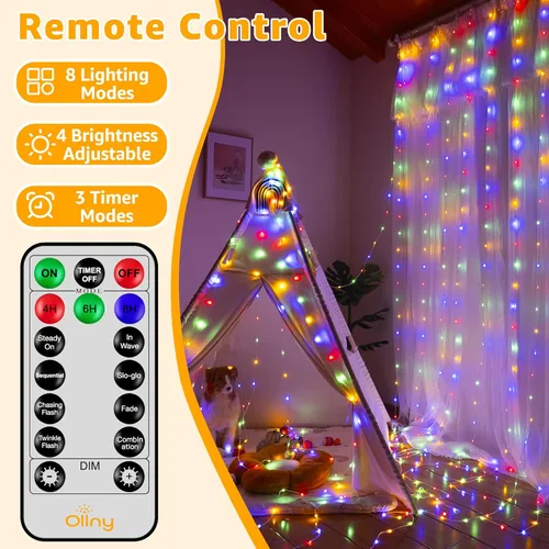 Vista 6 de Ollny - Tira de luces de cortina LED de 300 luces 3 m x 3 m, luces de Navidad impermeables IP67 para exteriores con control remoto, luces de hadas