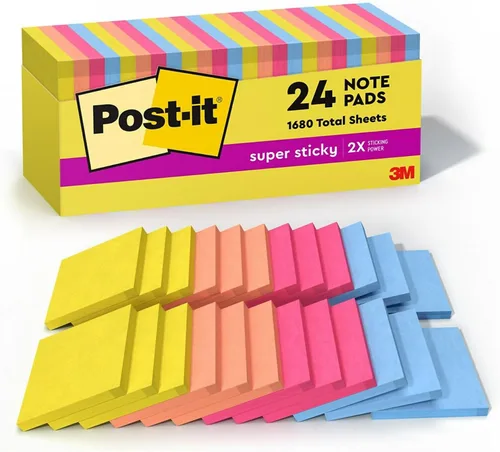 Post-it Notas súper adhesivas, 3 x 3 pulgadas, colección Summer Joy, 70 hojas/bloc, 24 blocs por paquete (654-24SSJOY-CP)