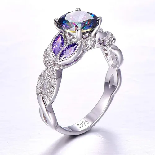 Vista 3 de Anillo de compromiso de plata de ley 925 de 3.6 quilates para mujer, topacio arcoíris zafiro aguamarina Anillo de compromiso para mujer