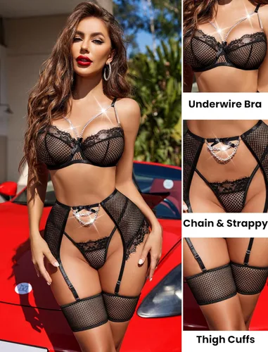 Vista 2 de Avidlove Conjunto de liguero para mujer, lencería sexy de malla con aros, 4 piezas, brasier de cadena S-XXL