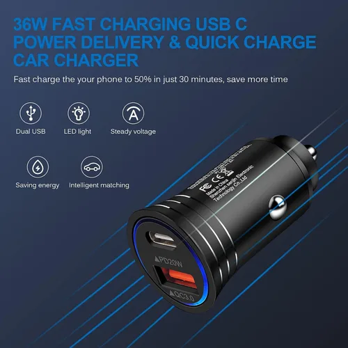Vista 5 de Cargador de coche USB C, adaptador de carga rápida de 38 W PD&QC 3.0 encendedor de cigarrillos de doble puerto USB enchufe USB para iPhone 17e 17