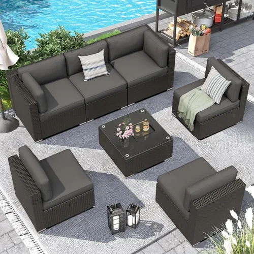 Juego de 7 muebles de patio al aire libre, juego de sofá seccional de mimbre negro y marrón, sofá al aire libre con cojín y mesa de vidrio templado