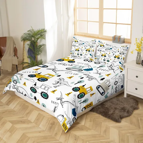 Vista 2 de Juego de ropa de cama de construcción tamaño matrimonial para niños, con dibujos animados, excavadora, tractor, juego de funda de edredón