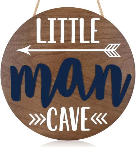 Letrero redondo de madera con diseño de cueva de Little Man para puerta de niño pequeño, cuarto de bebé, arte de pared, madera natural, dormitorio