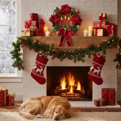 Vista 4 de Corona de Navidad de 21 pulgadas iluminada con flores de Navidad de Poinsettia para puerta delantera con velas rojas sin llama, adornos de bola