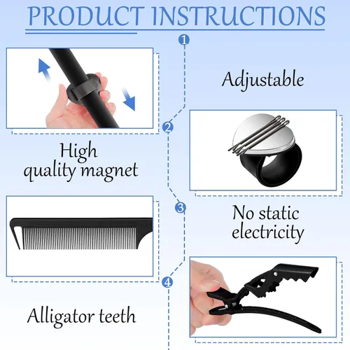 Vista 3 de Nuenen Herramientas para trenzar el cabello, kit de 7 piezas, incluye 1 pulsera magnética, 2 peines de cola de rata de acero inoxidable, 4 dientes
