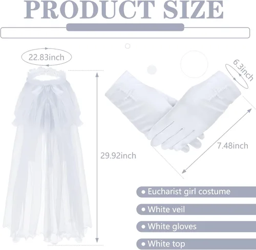 Vista 2 de Conjunto de 3 piezas de primera comunión para niñas, cárdigan blanco con velo de primera comunión, guantes de satén blancos con cuentas cruzadas