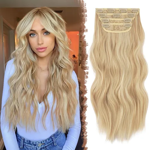 Vista 15 de FESHFEN Extensiones de cabello con clip - 4 piezas Extensiones de cabello sintético ondulado largo y grueso con clip para cabeza completa