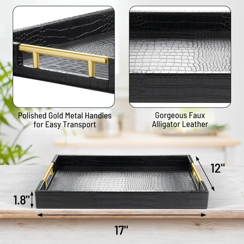 Vista 2 de ATZYmolin - Bandeja de servicio de madera de 17" x 12" con asas de metal dorado pulido, bandeja decorativa de madera rectangular para otomano