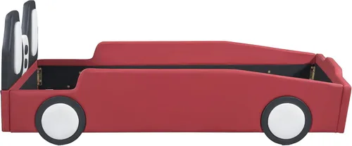 Vista 78 de Cama de plataforma en forma de auto de carreras de tamaño individual con ruedas, marco de cama de plataforma de madera con dos asientos y soporte