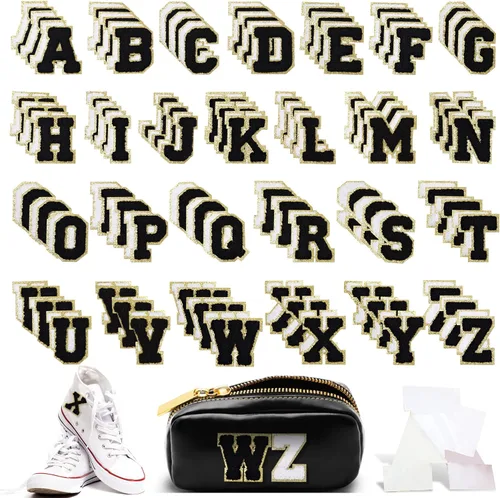 Vista 8 de 156 parches de letras de chenilla autoadhesivas, 6 parches de trébol pedregoso de la A a la Z, parches de letras de felpilla para bricolaje, bolsas