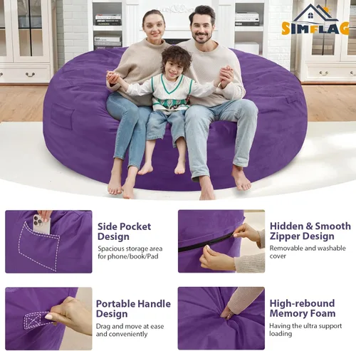 Vista 297 de Puf de 5 pies, puf grande con relleno de espuma viscoelástica, sofá puff esponjoso con funda de terciopelo holandés, puf redondo para sala de estar