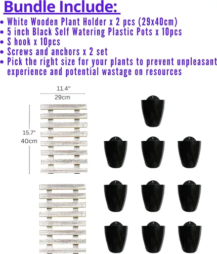 Vista 2 de ShopLaLa Paquete de 10 macetas de plástico con riego automático de 5 pulgadas + macetas colgantes de madera blanca verticales montadas en la pared