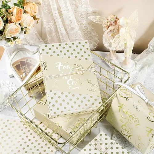 Vista 2 de LeZakaa Rollo de papel de regalo reversible de boda, letras de amor dorado y puntos dorados en beige para bodas, compromisos, despedidas de soltera