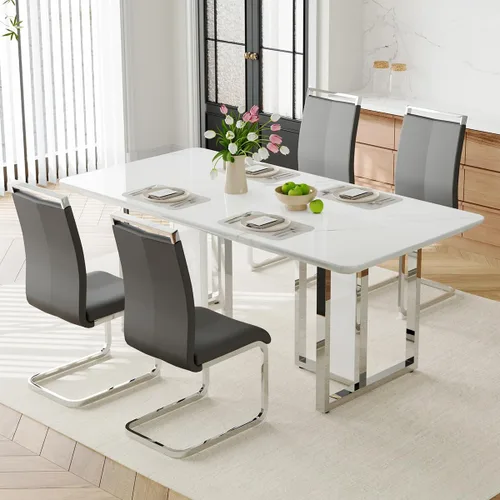 Vista 38 de Juego de mesa de comedor MEMUY de 160 cm para 4 personas, juego de mesa de comedor blanco para 4, juego de mesa y sillas de comedor de mármol