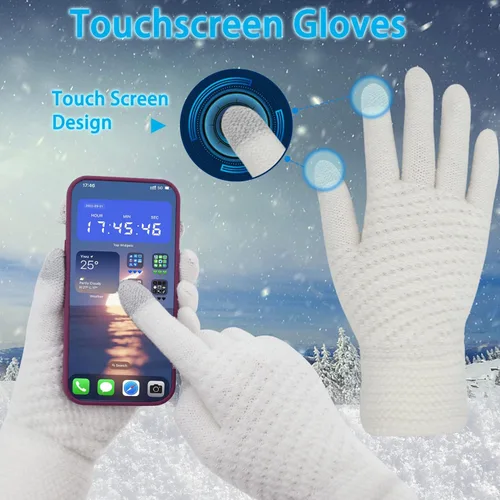 Vista 3 de Double Couple - Conjunto de 3 piezas de gorro de invierno, bufanda y guantes con pantalla táctil para mujeres, gorro tejido con bola de pelo