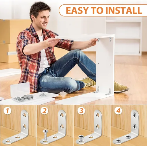 Vista 8 de 32 PCS Soportes en L, Soportes en L de Servicio Pesado para Estantes de Madera, con 100* Tornillos, Soporte de Ángulo de Esquina de Acero Inoxidable