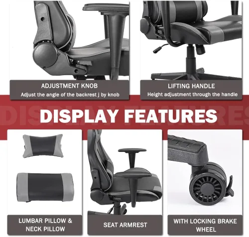 Vista 6 de Asiento de carreras Ajuste de ángulo y altura giratorio con cojín lumbar y reposacabezas Funda de PVC transpirable Marco de metal de nylon Soporte