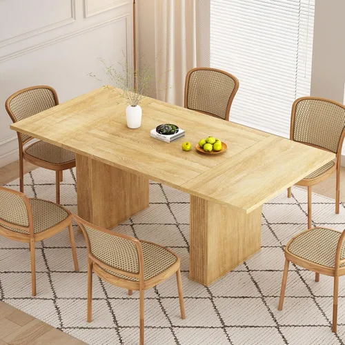 Vista 10 de Mesa de comedor rectangular de 198 cm para 6 a 10 personas, mesa de cocina estilo granja con estrías, mesa larga de madera moderna para cocina