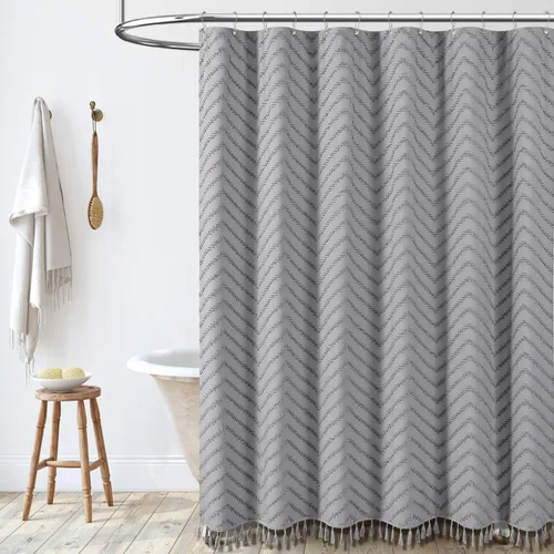Vista 136 de Dynamene - Cortina de ducha de tela bohemia con rayas con chebrón en relieve, juego de cortina angosta para baño, media cortina impermeable