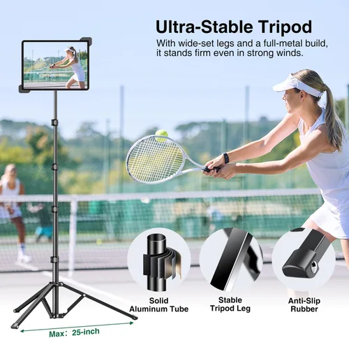 Vista 7 de elitehood Trípode de aluminio resistente para tableta, soporte de trípode ajustable para iPad con inclinación giratoria de 360 grados, soporte