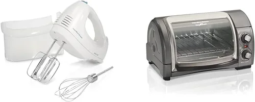 Hamilton Beach Batidora de mano eléctrica de 6 velocidades con batidor, batidores tradicionales, estuche de almacenamiento a presión, blanco y horno