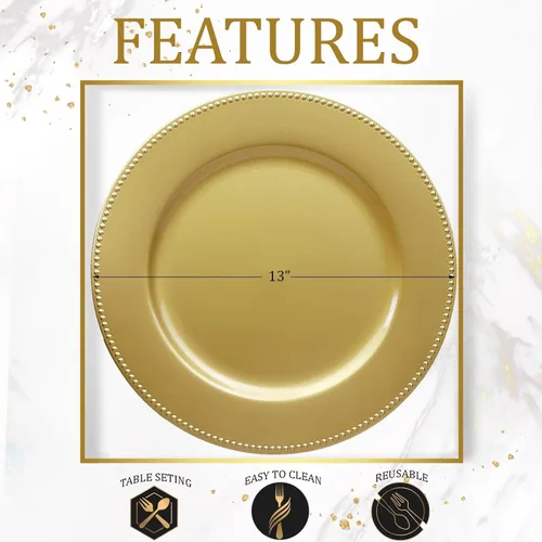 Vista 5 de Juego de 12 platos de carga dorados con cuentas. Cargadores de mesa de plástico reutilizables de 13 pulgadas para platos llanos