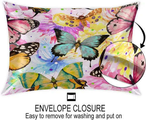 Vista 2 de Funda de almohada de satén con cierre de sobre, para cabello y piel, funda de almohada de seda tamaño estándar, mariposas de acuarela, fundas