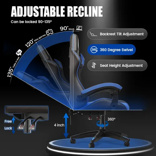 Vista 10 de Bigzzia Silla de videojuegos, sillas ergonómicas de videojuegos con almohada y soporte lumbar, silla de computadora ajustable en altura