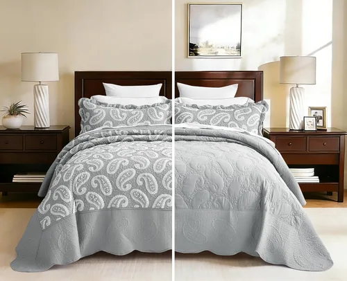 Vista 14 de Edredón extragrande para cama King, diseño de patrón damasco matelasse de jacquard, ligero, reversible, 5 piezas, 100% microfibra, pasta de frijol
