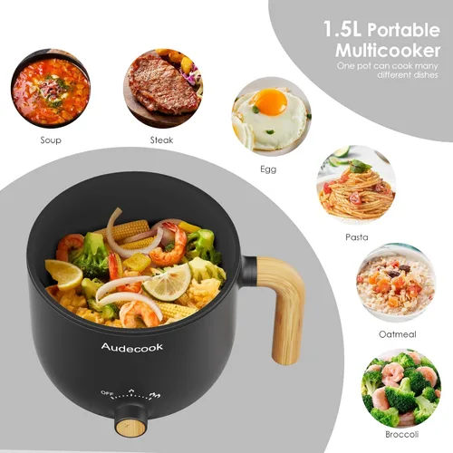 Vista 2 de Audecook Olla Caliente Eléctrica, Cocedor de Fideos Rápidos de 1.5L, Mini Multicocina Antiadherente Portátil, Olla Eléctrica de Viaje con Control