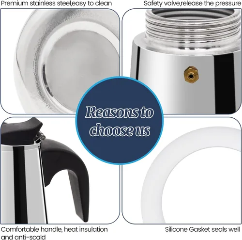 Vista 7 de Cafetera Moka de 9 Tazas de Acero Inoxidable 450ml Cafetera de Espresso Italiana para Estufa Cafeteras de Café Mocha Percolador Cafetera Greca