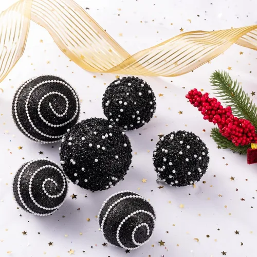 Vista 4 de Adornos de Bolas de Navidad Negras, Decoraciones de Bolas de Navidad de Plástico Irrompible Colgantes con Perlas para Fiestas Navideñas