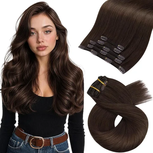 Vista 100 de Moresoo Extensiones de cabello humano con clip, balayage, color marrón oscuro a marrón dorado con clip, extensiones de cabello humano con clip, 5
