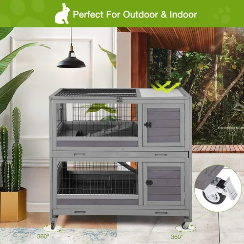 Vista 2 de GUTINNEEN Bunny Hutch Indoor Rabbit Hutch Large Guinea Pig Cage with Wheel, Outdoor Rabbit Cage with Removable Bottom Wire Floor