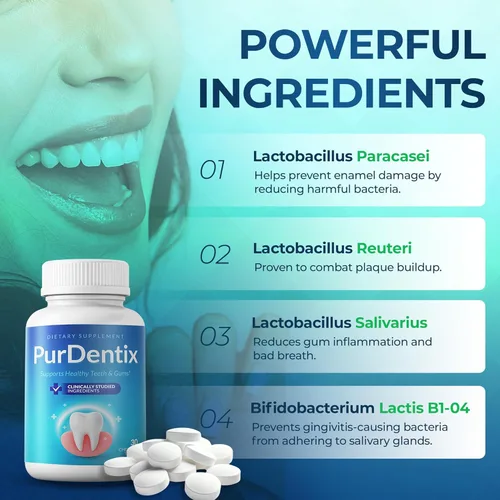 Vista 3 de PurDentix Probiótico para la salud oral, fórmula de 4 cepas para encías, dientes y aliento fresco saludables, 90 tabletas masticables
